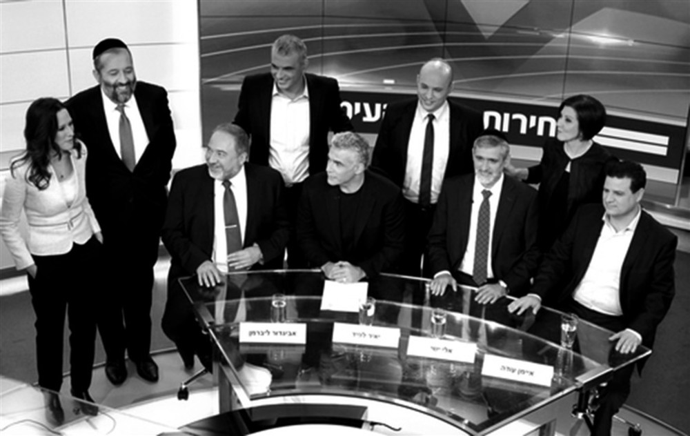 Pictured at the Feb. 26 Israeli election debate hosted by Israel’s Channel 2 television network: Yisrael Beiteinu party leader Avigdor Liberman (bottom left); Yesh Atid leader Yair Lapid (bottom, second from left); Yachad party leader Eli Yishai (bottom, second from right); Joint Arab List leader Ayman Odeh (bottom right); Meretz leader Zehava Gal-On (top right); Shas leader Aryeh Deri (top, second from left); Habayit Hayehudi leader Naftali Bennett (top, second from right); Kulanu leader Moshe Kahlon (top, center);  and Channel 2 news anchor Yonit Levi (top left). /Credit: Channel 2 News.